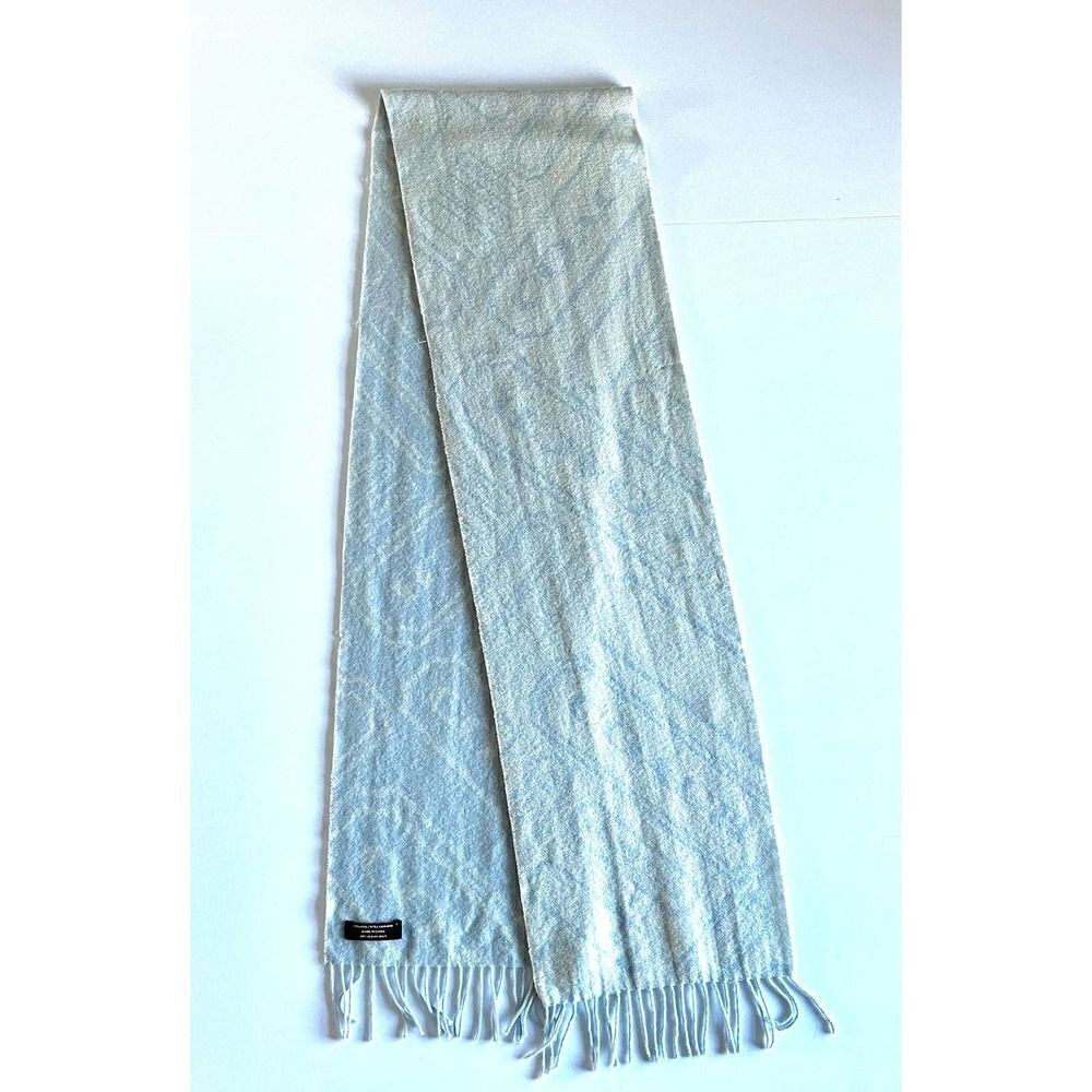 Coach Cashmere and Wool Logo Fringe Scarf Light Blue and Ivory Muffler Scarf - Picture 3 of 9